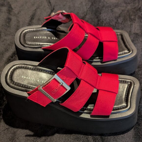 NWOT ASOS Charles & Keith Caged Wedge Sandals Bright Pink Platform Sandals EU:37 - Picture 2 of 9